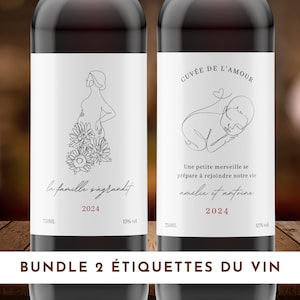 Bundle de 2 Annonce Grossesse Étiquette, bébé, Annonce Famille, Marraine, Étiquette de vin Naissance, Français, Minimaliste, Kit, Set, Pack