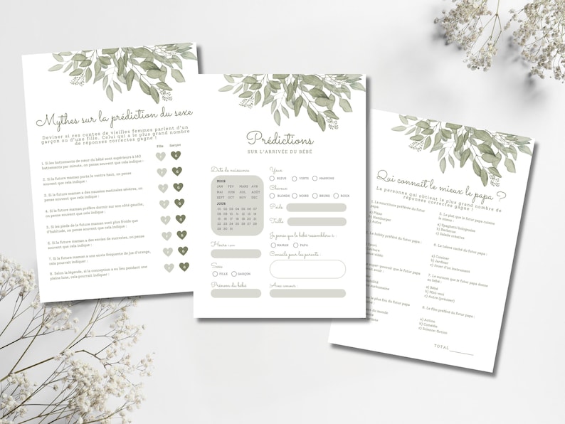 Pu&ograve; includere: Tre schede di gioco in carta bianca per baby shower con illustrazioni di foglie di eucalipto ad acquerello verde nella parte superiore. Le schede includono testo in francese, con sezioni per previsioni e giochi a quiz.