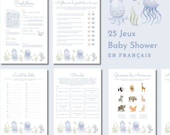 25 juegos de predicciones Carton Prédiction shower de bébé en francés Naissance de bébé Juegos de baby shower Juegos para baby shower, editable boho