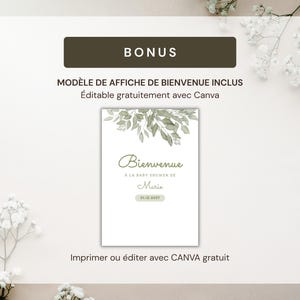 Pu&ograve; includere: Un modello di cartello rettangolare con un'illustrazione di foglie ad acquerello verde nella parte superiore. Il testo recita "BONUS", "MOD&Egrave;LE DE AFFICHE DE BIENVENUE INCLUS", "&Eacute;ditable gratuitement avec Canva", "Bienvenue", "&Agrave; LA BABY SHOWER DE", "Marie", "01.12.2027" e "Imprimer ou &eacute;diter avec CANVA gratuit".