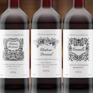 Bundle de 3 Annonce Grossesse Étiquette, bébé, Annonce Famille, Marraine, Étiquette de vin Naissance, Français, Classique, Kit, Set, trois