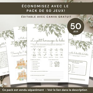 Pu&ograve; includere: Una raccolta di fogli di gioco stampabili per baby shower con un design a foglie botaniche in verde e bianco. Il foglio centrale &egrave; intitolato Le petit horoscope de b&eacute;b&eacute; e include simboli astrologici, caselle di controllo e righe.