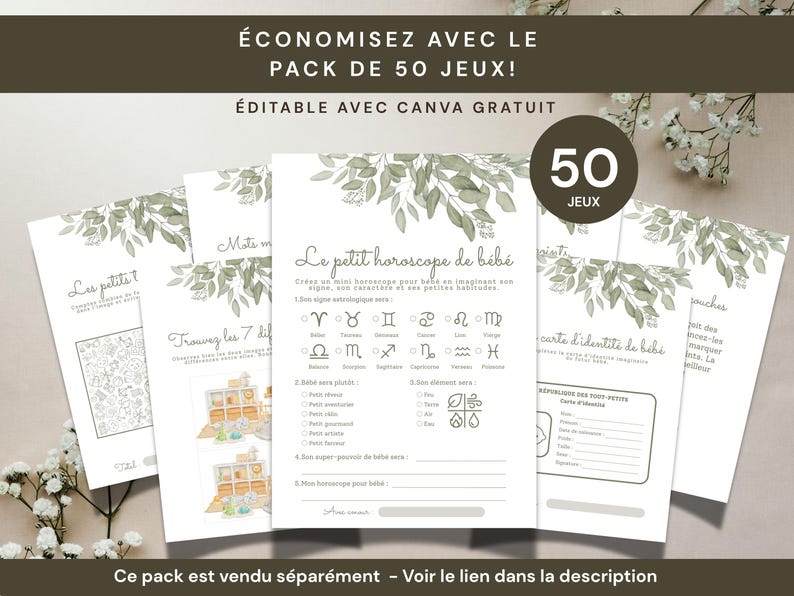 Pu&ograve; includere: Una raccolta di fogli di gioco stampabili per baby shower con un design a foglie botaniche in verde e bianco. Il foglio centrale &egrave; intitolato Le petit horoscope de b&eacute;b&eacute; e include simboli astrologici, caselle di controllo e righe.