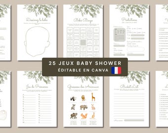 Jeu Pack Bundle 25 Jeux Prédictions Carton Prédiction Babyparty Français · Naissance Bébé · Éditable Canva Gratuit · Plantes · Vert
