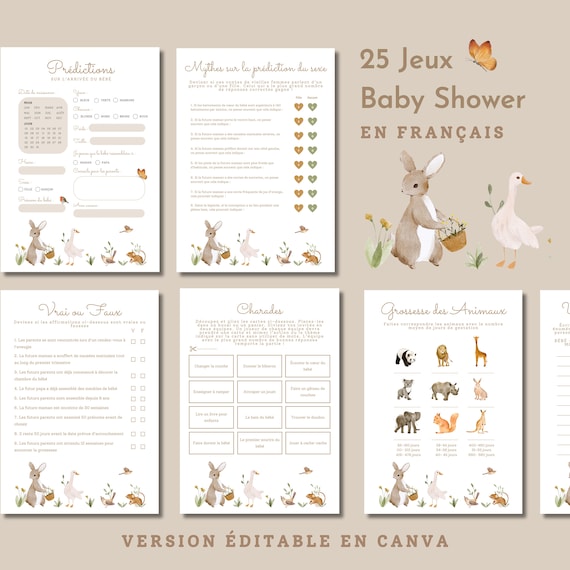 25 Jeux Prédictions Carton Prédiction shower de bébé en français Naissance de bébé Baby Shower games Jeux pour shower de bébé, éditable boho