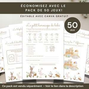 May include: A collection of printable baby shower games with a soft, neutral color palette. The designs include zodiac signs, a baby identity card, and a maze. The text reads "Save with the 50 game pack!" and "Editable with Canva Free".
