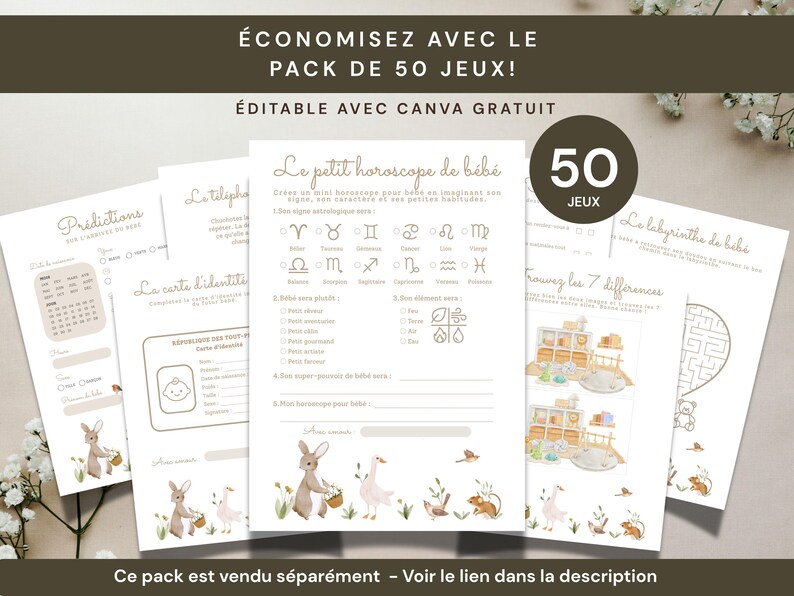 May include: A collection of printable baby shower games with a soft, neutral color palette. The designs include zodiac signs, a baby identity card, and a maze. The text reads "Save with the 50 game pack!" and "Editable with Canva Free".