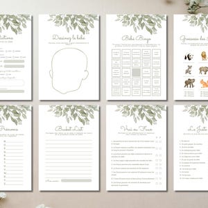 Pu&ograve; includere: Un set di otto schede di gioco per baby shower bianche con illustrazioni di foglie ad acquerello verde nella parte superiore. Le schede includono attivit&agrave; come previsioni, bingo, giochi di nomi, liste dei desideri e quiz in francese.