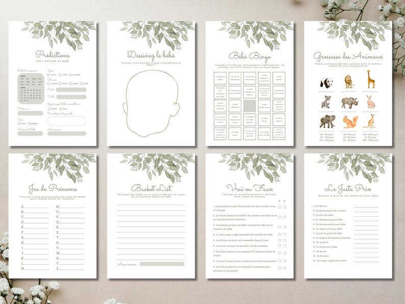 Pu&ograve; includere: Un set di otto schede di gioco per baby shower bianche con illustrazioni di foglie ad acquerello verde nella parte superiore. Le schede includono attivit&agrave; come previsioni, bingo, giochi di nomi, liste dei desideri e quiz in francese.