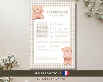 Puede incluir: Una tarjeta de juego de predicciones para baby shower en beige y blanco, decorada con ilustraciones de ositos de peluche. La tarjeta incluye secciones para predicciones, un calendario y el texto "PRÉDICTIONS sur l'arrivée du bébé" y "JEU PRÉDICTIONS ÉDITABLE EN CANVA".