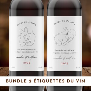 Bundle de 2 Annonce Grossesse Étiquette, bébé, Annonce Famille, Marraine, Étiquette de vin Naissance, Français, Minimaliste, Kit, Set, pack