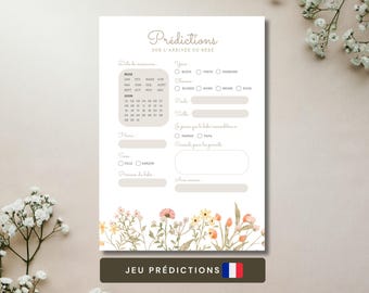 Jeu Prédictions Carton Prédiction Baby Shower Français · Naissance Bébé · Bearbeitbare Canva Gratuit · Boho · Fleurs · Beige · Champêtre