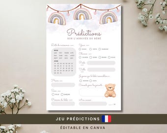 Fiche Prédiction Bébé Français, Jeu Pronostics Naissance, Carton Prédictions Baby Shower, Gender Reveal, Imprimable Modificabile