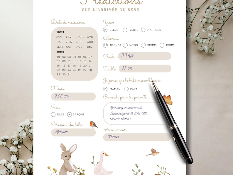 May include: A decorative baby arrival prediction chart with watercolor illustrations of animals and flowers. The chart includes sections for birth date, time, weight (3.3 kgs), and height (55 cm). A black pen rests on the chart.