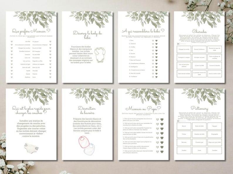Pu&ograve; includere: Un set di otto carte da gioco per baby shower rettangolari bianche con illustrazioni di foglie ad acquerello verde nella parte superiore. Ogni carta contiene testo stampato in nero in francese, inclusi titoli come Que pr&eacute;f&egrave;re Maman, Charades e Pictionary, con vari elenchi, istruzioni e piccole icone a tratto di articoli per neonati.