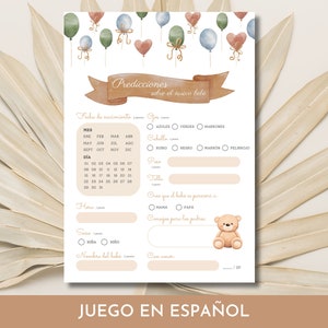 Spanish baby shower, Juegos baby shower en español, predicciones del bebé, tarjetas gender reveal, niño o niña, instant download, diy