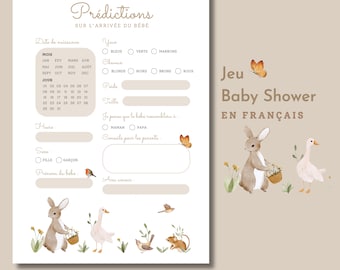Jeu Prédictions Carton Prédiction shower de bébé en français Naissance de bébé Baby Shower games Jeux pour shower de bébé, boho, animaux