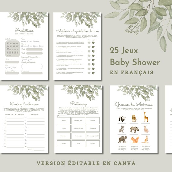 25 Jeux Prédictions Carton Prédiction shower de bébé en français Naissance de bébé Baby Shower games Jeux pour shower de bébé, éditable boho
