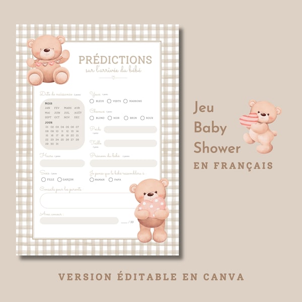 Jeu Prédictions Carton Prédiction shower de bébé en français Naissance de bébé Baby Shower games Jeux pour shower de bébé