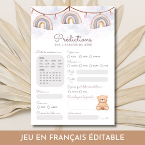 Jeu Prédictions Carton Prédiction Shower de Bébé in Französisch Naissance de Bébé Baby Shower Spiele Jeux für die Bébé-Dusche, boho
