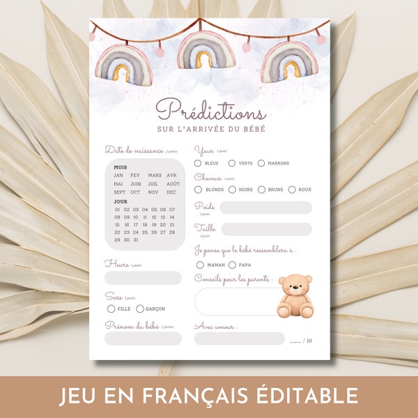 Jeu Prédictions Carton Prédiction shower de bébé en français Naissance de bébé Baby Shower games Jeux pour shower de bébé, boho