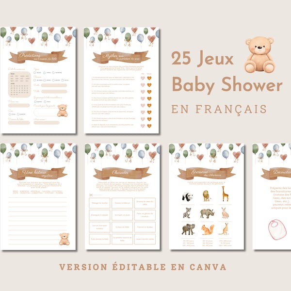 25 Jeux Prédictions Carton Prédiction shower de bébé en français Naissance de bébé Baby Shower games Jeux pour shower de bébé, boho, ours