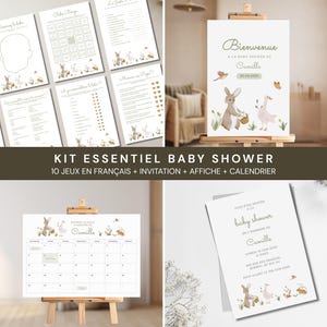 Könnte beinhalten: Ein Babyparty-Papeterie-Set mit gedruckten Spielen, einem Willkommensschild, einem Kalender und einer Einladung. Die Designs enthalten Aquarellillustrationen eines Hasen, einer Gans und eines Vogels in Erdtönen mit dem Text Bienvenue à la baby shower de Camille.