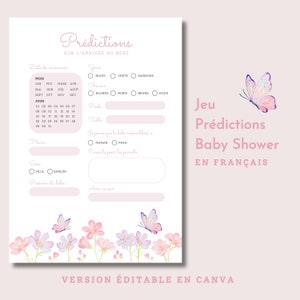 Jeu Prédictions Carton Prédiction シャワー ド ベベ アン フランセ ネサンス ド ベベ、ジュー シャワー ド ベベ、ローズ、編集可能、フルール、パピヨン
