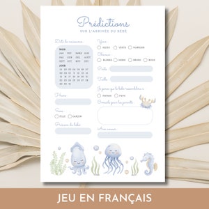 Jeu Prédictions Carton Prédiction shower de bébé en français Naissance de bébé Baby Shower games Jeux pour shower de bébé, boho, bleu, beige