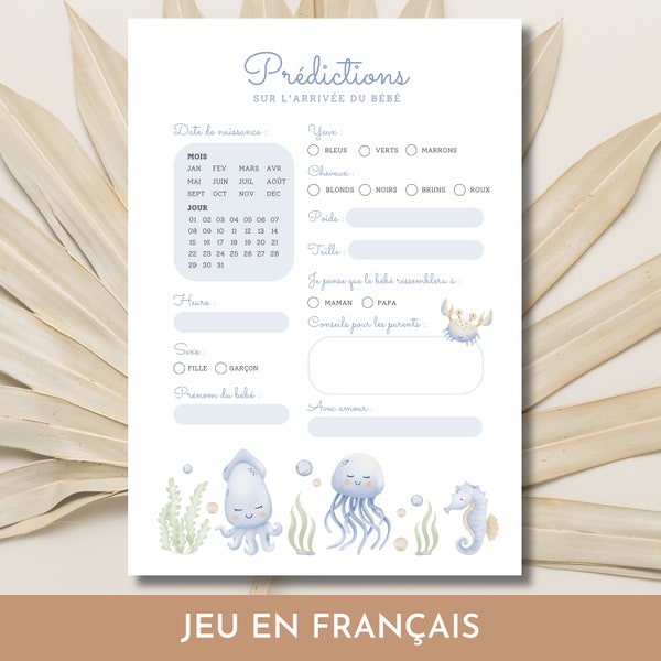 Jeu Prédictions Carton Prédiction shower de bébé en français Naissance de bébé Baby Shower games Jeux pour shower de bébé, boho, bleu, beige