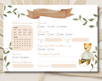 Jeu Prédictions Carton Prédiction Shower de Bébé in Französisch Naissance de Bébé Baby Shower Spiele Jeux for Shower de Bébé, editable