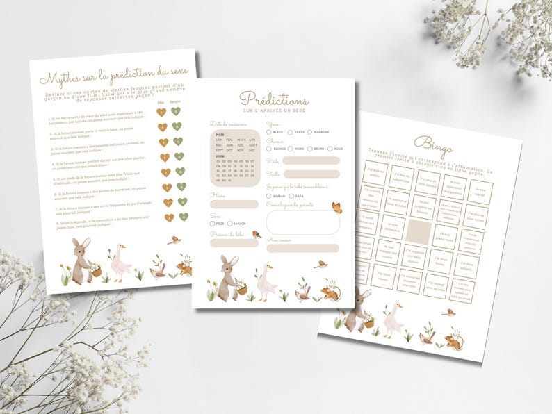 May include: Three white paper sheets with French text and watercolor illustrations. The sheets include a baby shower game, a bingo game, and a sheet for predictions. The illustrations include bunnies, birds, and flowers.