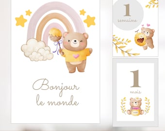 Cartes étapes bébé, Première année bébé, Mois anniversaires, 1ère année, grossesse, english, ours, arc-en-ciel, boho, cadeau futurs parents