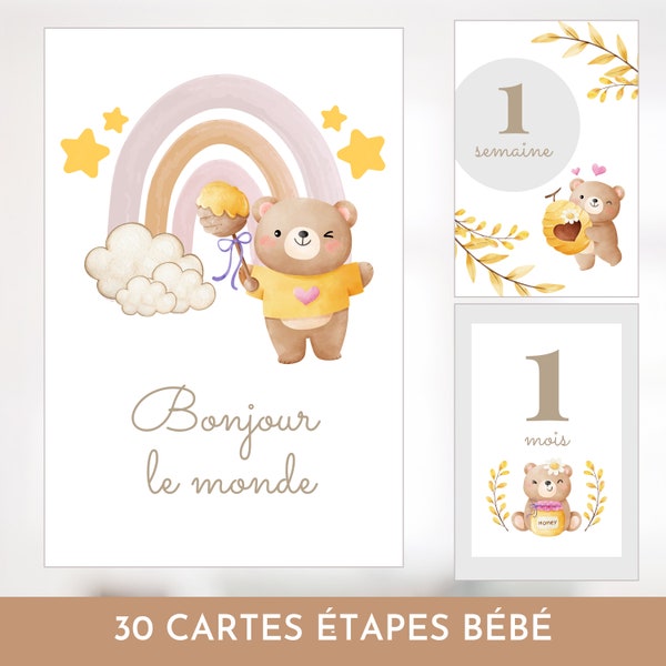 Cartes étapes bébé, Première année bébé, Mois anniversaires, 1ère année, grossesse, français, ours, arc-en-ciel, boho, cadeau futurs parents