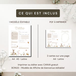 May include: Two printable baby shower game templates. One page features a calendar and fill-in-the-blank sections. The other page has a baby face outline for drawing. The text reads "CE QUI EST INCLUS" and "Predictions".