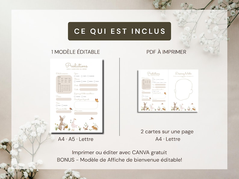 May include: Two printable baby shower game templates. One page features a calendar and fill-in-the-blank sections. The other page has a baby face outline for drawing. The text reads "CE QUI EST INCLUS" and "Predictions".