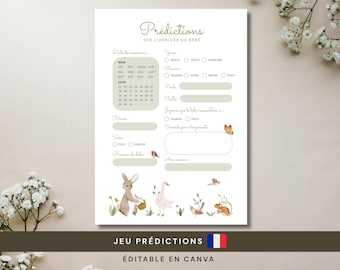 Fiche Prédiction Bébé Français, Pronostics Baby Shower, Carton Prédictions, Calendrier Bébé, Jeux pour Shower, Imprimable Editable