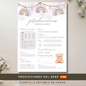 May include: A baby prediction game card featuring watercolor rainbows at the top and a teddy bear illustration. The text includes 'predicciones SOBRE EL BEBÉ' and sections for birth date, eye color, hair color, weight, height, and parent resemblance.