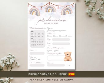 Juego Predicciones Baby Shower en Español · Tarjeta Predicción Bebé · Editable Canva Gratis · Boho · Arcoíris · Gender Reveal · Niño o Niña