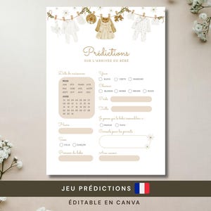 May include: A baby shower game card with the title "Prédictions sur l'arrivée du bébé" in gold script. The card features a clothesline with baby clothes illustrations and spaces for guests to fill in predictions.