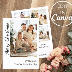 Könnte beinhalten: Eine weiße Weihnachtskarte mit einem Foto einer vierköpfigen Familie. Die Karte trägt den Text "Frohe Weihnachten" und "Mit Liebe, Die Familie Jenkins".