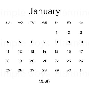 Mini calendarios PNG transparentes 2025-2026: para manualidades o pegatinas para planificadores digitales (inicio domingo/lunes)