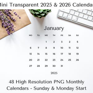 2025 & 2026 Minikalender png, Kalender mit transparentem Hintergrund, Start am Montag und Sonntag, digitaler Planer Aufkleber, Jahreskalender druckbar