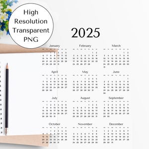 2025 Kalender png, Transparenter Hintergrund Kalender, Montag Und Sonntag Start, Jahreskalender Printable, Sofort Download