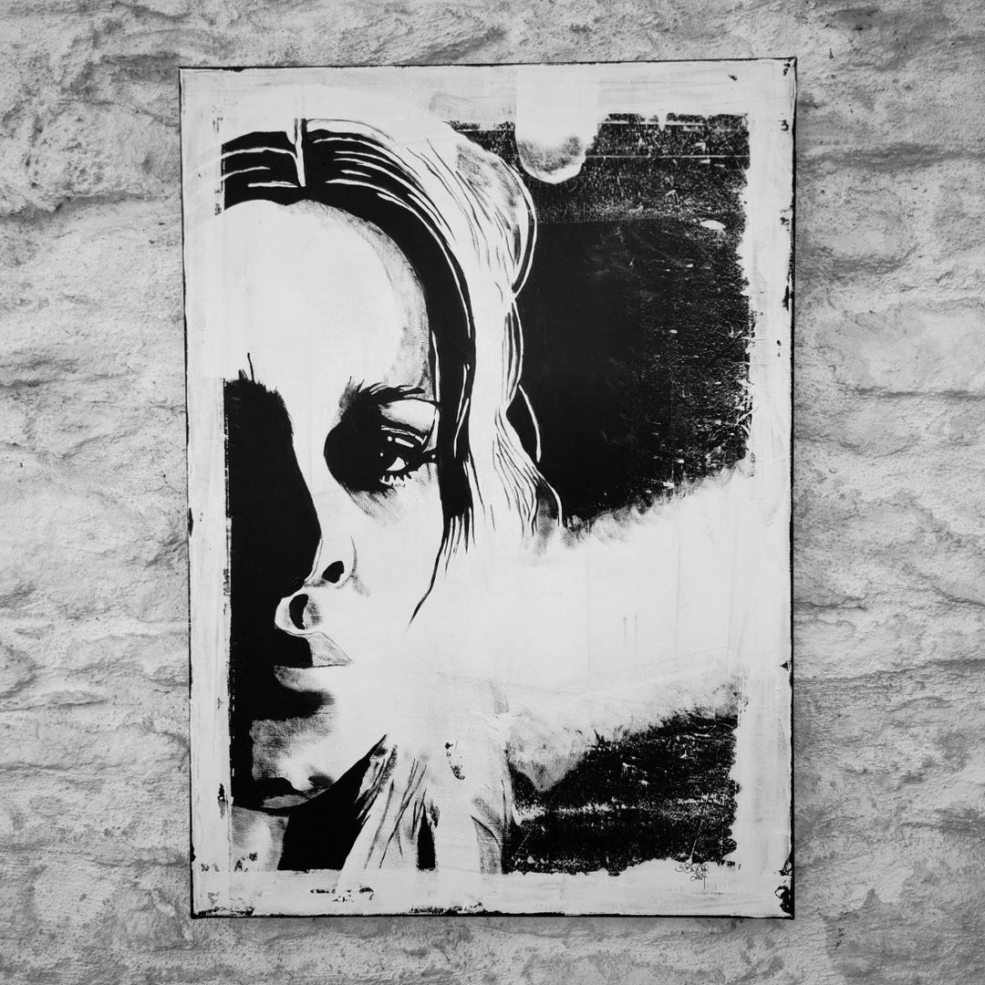 Original Painting of a Woman, Acrylic on Canvas, Face, Black and White ...