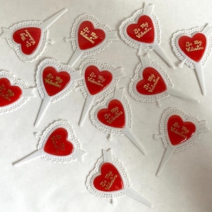 12 pcs VALENTINE 2-1/2” Red HEART “Be My Valentine” Cupcake PICKS | Valentine’s Day Picks / Cupcake Toppers | Plastic Heart Valentine Picks