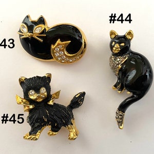 Vintage Black CAT & RHINESTONE Pin / Brooch | 3 Choices: 7/8” Cat Sitting #43 / 1-3/4” Cat Standing #44 | 1-1/8” Cat with Gold Bow #45