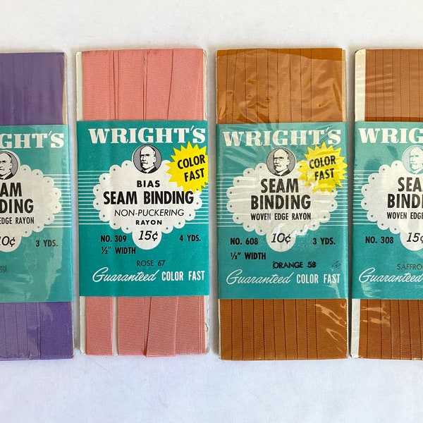 Vintage WRIGHTS SEAM BINDING | 100% Rayon 1/2” Width | Choose Color: 3 yds Orchid 59 / 4 yds Rose 67 / 3 yds Orange 58 / 3 yds Saffron 87