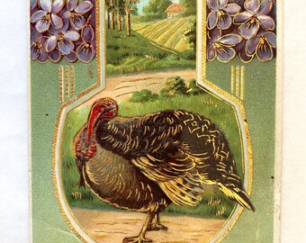 Victorian THANKSGIVING Turkey & Violets w/Gold Accents POSTCARD | Antique “Thanksgiving Greetings” Used Postcard | 5-1/2” x 3-1/2” Postcard