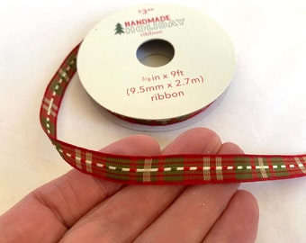 9 ft Red & Green PLAID CHRISTMAS RIBBON | 3/8 in x 3 yd Plaid Ribbon | Handmade Holiday Ribbon